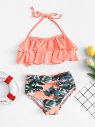girls palm print ruffle bikini set shein sheinside girls bathing suits pretty swimsuits swimsuits outfits