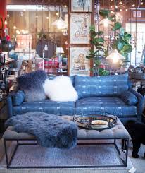Sheepskin Accessories Blue Indigo Dye Sofa Home Decor Heaven At City Home In Portland Oregon Sofa Home Living Room Style Bright Pillows