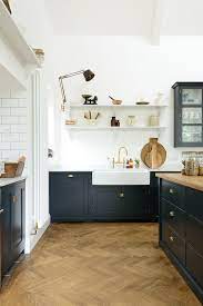 A Big Farmhouse Sink With Devol S Aged Brass Mixer Tap And Simple Shaker Shelves Home Kitchens Kitchen Design Devol Kitchens