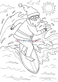 Santa claus tropical summer time vacation landing page template. Surfing Santa Colouring Page