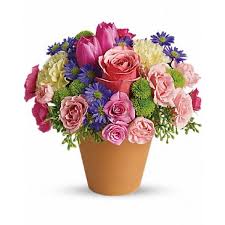 Birthday Flowers For Mom Delivery Send To Mom A Warm Terra Cotta Pot With Different Beautiful Flower Easter Flowers Flower Delivery Flower Arrangements