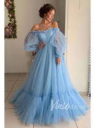 Long Sleeve Sky Blue Prom Dresses Off The Shoulder Formal Dress Fd1527 Tulle Prom Dress Stunning Prom Dresses Prom Dresses With Sleeves