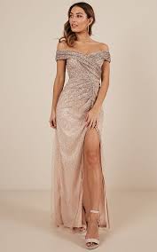 Off Shoulder Black And Gold Ball Gown Do You See Me Dress In Rose Gold With Multi Sparkle Showpo Gold Dresses Long Rose Gold Long Dress Rose Gold Prom Dress