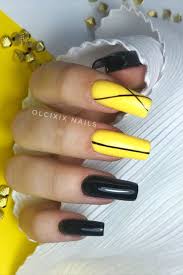 Beautiful Black And Red Nail Ideas Cute Long Black Square Nails With Two Accent Bright Yellow Nails Adorned With Black Lines In 2020 Gold Nail Designs Black Gold Nails Stylish Nails