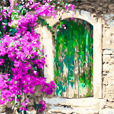 How to stretch and frame a canvas. Paint By Numbers For Adults Rustic Green Door With Pink Flowers Framed 16x20 Inches Painting Green Door Flower Frame