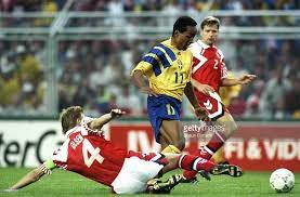 Sweden 1 Denmark 0 In 1992 In Solna Lars Olsen Slides In For A Challenge On Martin Dahlin In Group A At Euro 92 European Championships Sports Jersey Sweden