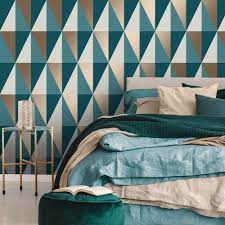 Beautiful teal bedroom decor is something you wish you had! Horden Geometric Triangle Wallpaper Teal Emerald Gold Wallpaper From I Love Wallpaper Uk
