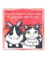 Group of dometic pets sitting together. Friends Cherish Similarities Celebrate Differences Friends Poster Tuxedo Cat Bunny