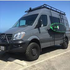 Sprinter With Aluminess Front Light Bar Roof Rack Ladder And Surf Pole Getting Ready To Go Ride The Waves Interieur Camion Fourgon 4x4 Et Camion Amenager