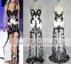 Black And White Evening Gowns With Sleeves Strapless Hi Low Gown Rich Beaded Lace Applique Black White Evening Dresses Prom Dresses White Evening Dress Sweetheart Prom Dress High Low Evening Dresses