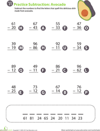 Free 1st grade addition and subtraction math worksheet. Veggie Math Mash Two Digit Subtraction Education Com