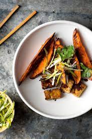 Sheet Pan Crisp Tofu And Sweet Potatoes Recipe Recipe Recipes Sweet Potato Recipes Tofu