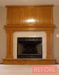 Before And After An Oak Veneer Fireplace Gets A Makeover Oak Fireplace Wood Fireplace Surrounds Freestanding Fireplace