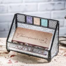 Black leather look desk business card holder. Business Card Holder Colorful Women Desk Accessory Office Decor Gift Boss Coworker J Devlin Crd 106 Stained Glass Diy Modern Stained Glass Stained Glass Lamps