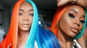 I have dyed medium/ dark brown hair this exact colour with no bleach. Hair N Makeup Fire And Ice Split Dye Orange And Blue Makeup Lo Split Dyed Hair Blue Makeup Looks Braiding Salons Near Me