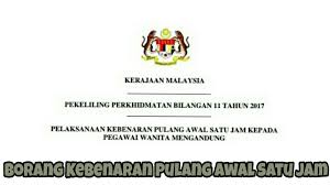 Pekeliling perkhidmatan bilangan 8 tahun 2002 senarai kelayakan yang diiktiraf oleh kerajaan yang perlu digunakan dalam urusan perlantikan ke dalam perkhidmatan awam. Borang Kebenaran Pulang Awal Satu Jam Penjawat Awam Wanita Mengandung