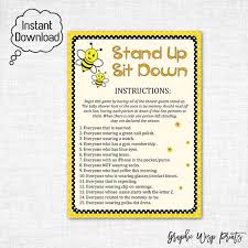 Stand Up Sit Down Baby Shower Printable Game Bumble Bee Printable Games Bumble Bee Stand Up Sit Down G Bee Baby Shower Bumble Bee Baby Shower Baby Shower Fun