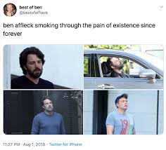 Despite appearing in three movies, ben affleck's batman had a total of six different costumes, with some being slight variations on his classic design, while others were. Ben Affleck Smoking Through The Pain Of Existence Since Forever Ben Affleck Smoking Know Your Meme