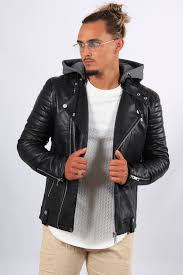 Blouson en simili à capuche. Perfecto Homme Noir 514 Pas Cher