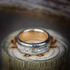 Gold Lined Damascus Ring With Gold Elk Tooth Inlays Available In 14k White Rose Or Yellow Gold Alternative Wedding Rings Wedding Ring Designs Cool Wedding Rings