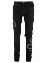 Black And White Jeans Mens Amiri Skinny Fit Appliqued Distressed Stretch Denim Jeans Black Modesens Distressed Skinny Jeans Black Jeans Embellished Jeans
