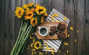 Pngtree provide coffee mug on table in.ai, eps and psd files format. Hd Wallpaper Sunflowers Coffee Mug Brownies Wooden Table Bouquet Of Sunflower And Tray Of Brownies And Cup Of Coffee On The Table Wallpaper Flare