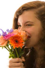 Una Mujer Bonita Joven Que Sostiene Un Ramo De Flores Y Tomar Un Olor  Fotos, retratos, imágenes y fotografía de archivo libres de derecho. Image  26105073