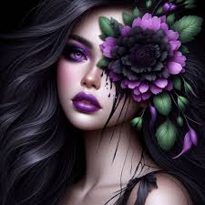 a realistic beautiful woman, black long messy hair, she has a humongous  purple & black flower covering one eye with leaves draping all the way down  the side of her face &