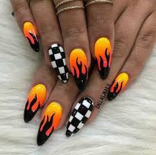 Black And White Flames Nails Flame Checkered Nails Naildesigns Checkered Nails Fire Nails Yellow Nails