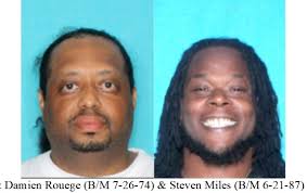 New Orleans Police are asking the public's assistance with locating two  suspects wanted for auto burglary. Wanted are: Damien Rouege (pictured  left), Black male, DOB 07/26/1974 Steven Miles (pictured right), Black male,
