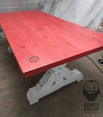 Red Painted Top With A Whitewash Technique White Distressed Base Knotty Alder With Voids Filled Woodworking
