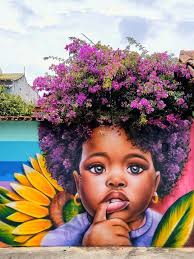 Street Art” The painting captures a striking scene of street art, vividly  blending nature and urban life. At the center stands a large, vibrant tree,  bursting with colorful flowers and lush green