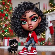 Create an hyper realistic image of a cartoon chibi style African-American  woman with black swirled flowy messy hair she has red and green eyeshadow.  She has a confused expression