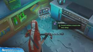 We suggest starting in the taco shop in the location south of shifty shafts. Fortbyte 77 Found Within A Track Side Taco Shop Location Guide Fortnite Youtube