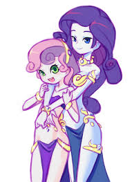 See more 'my little pony: 1619351 Suggestive Artist Drantyno Rarity Sweetie Belle Equestria Girls Armlet Belly Dancer Belly Dancer Outfit Bracelet Clothes Duo Female Females Only Jewelry Leg Bracelet Loincloth Necklace Siblings Simple Background Sisters