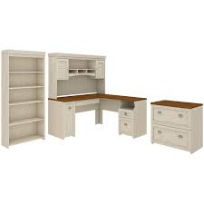 You can use it as a corner desk, but it also works in the center of the room as well. Fairview L Shaped Desk 4 Pc Set With Storage In Antique White Engineered Wood Fv006aw