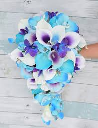 Shop floral supplies 125+ varieties, colors white to purple for your pinterest board Real Touch Turquoise Aruba Callas Purple Picasso And Purple Blue Orchids Silk Wedding Bouquet