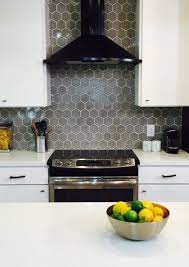 The backsplash also extends all the. 4 Hexagons In Foggy Morning With Black Patine Gray Kitchen Backsplash Kitchen Tiles Backsplash Grey Kitchen Tiles