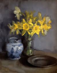 How To Set Up A Still Life For Painting Studio Corner Still Life Oil Painting Of Daffodils Pewter Plate And Blue And White Jug By Helen Dav Flower Art Painting Flower Painting Painting Still Life