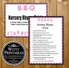 Guests write the answers to these nursery rhyme questions. Nursery Rhyme Trivia Baby Shower Game Bbq Theme For A Girl Wittyprintables