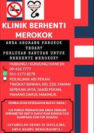Untuk keterangan lanjut sila hubungi jururawat terlatih pn. Poliklinik Abi Pekan Anda Seorang Perokok Tegar Perlukan Bantuan Untuk Berhenti Merokok Tapi Tiada Sokongan Padu Daripada Orang Di Sekeliling Anda Kami Sedia Membantu Poliklinik Abi Pekan Kini Sedang Menjalankan Kempen