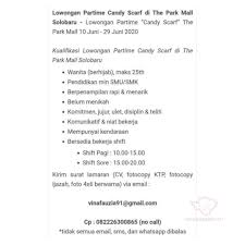 Ada perusahaan yang sedang membuka kesempatan lowongan kerja shift malam, part time, crew, management associate, instruktur dan banyak lagi di daerah jakarta melalui indeed.com. Lowongan Kerja Candy Scraf The Park Mall Di Solo Info Loker Solo