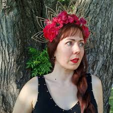 Golden Flower Goddess Crown, Gold Beyonce Dance Headdress With Red Flowers  & Crystals, Ruby Fire Fairy Festival Wear