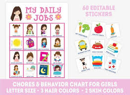 Printable Chore Chart For Girls 60 Editable Stickers Daily Etsy Printable Chore Chart Chore Chart Kids Printable Reward Charts