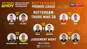 Where can i watch the premier league darts on tv? Professional Darts Corporation Judgement Night Raymond Van Barneveld V Michael Van Gerwen The Headline Game On Judgement Night On Our Second Day In Rotterdam Tickets Https Www Ticketmaster Nl Artist Premier League Darts Tickets 965070