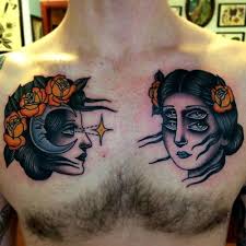 Neo Traditional Style Colored Chest Tattoo Of Mystical Woman Faces Tattoos Chest Tattoos For Women Neo Traditional Chest Tattoo
