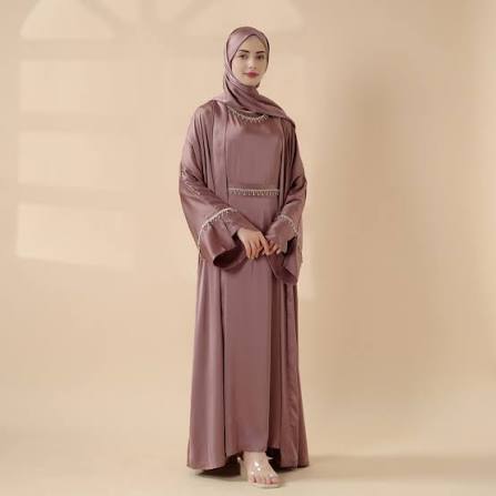 Luxurious Satin Abaya With Diamond Tassels Belt, 6-Piece Set (MOA041)