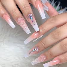 Luxury Custom Large Stones Decorated Nail Art Tips Ombre Coffin Shape Press On Nails In 2020 Nails Design With Rhinestones Long Acrylic Nails Coffin Rhinestone Nails