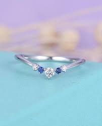 Sapphire Curved Wedding Band Dainty Diamond Bridal Alternative Chevron Unique Promise Stacking Birthstone Matching Band Ring Aquamarine Engagement Ring Sapphire Wedding Band Curved Wedding Band