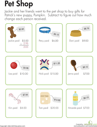 Making Change At The Pet Shop Worksheet Education Com Everyday Math Third Grade Math Worksheets Math Learning Center